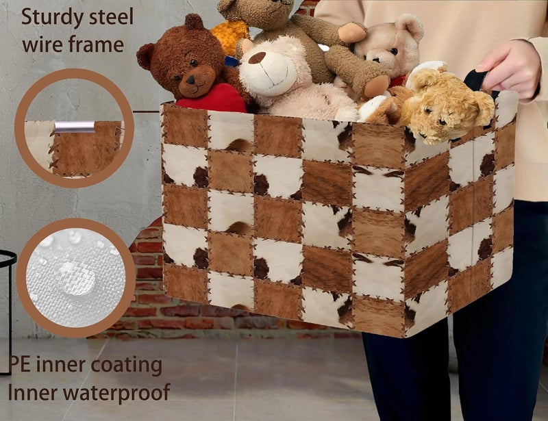 BOOHIT Checkered Kids Toy Basket Collapse Storage Bin with Handles Canvas Cow Fur Print Home Decor(Brown White) - Image 3